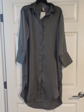 Long Button-Up Satin Shirt Dress in Slate Gray Or Sage Green